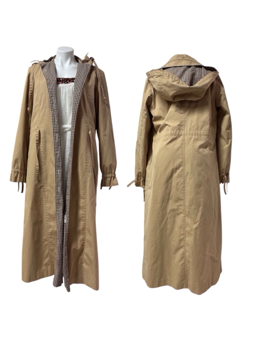 Vintage Hong Kong Tan Gingham Lined Hooded Trench Coat Large